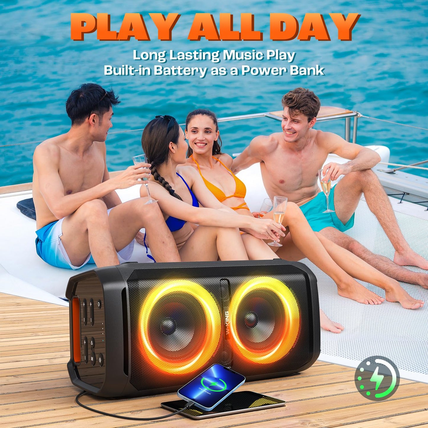 W-KING 240W Peak Party Bluetooth Lautsprecher, Outdoor, IPX6 wasserdicht, 115dB, Dual Bass, BT5.3, 24h Akku, EQ, Echo, DSP, Licht, TF